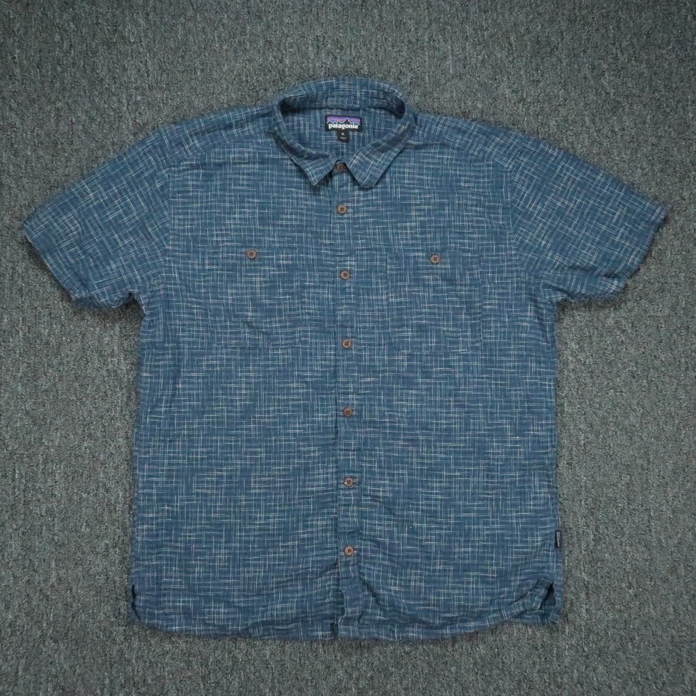 Patagonia Shirt Mens XL Blue Back Step Hemp Short Sleeve Button Hiking Outdoor